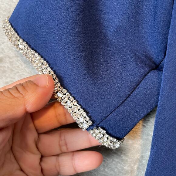 Kay Unger Navy Blue Fit & Flare Dress Elegant Draped Bodice Rhinestone Trim Sz 4 - Picture 8 of 9